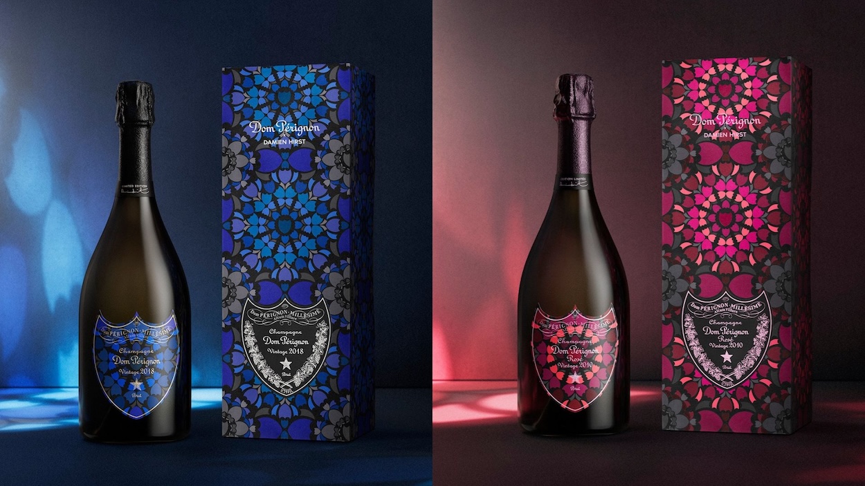 Dom Pérignon x Damien Hirst limited edition, Vintage 2018 and Rosé Vintage 2010 with their Kaleidoscope gift boxes